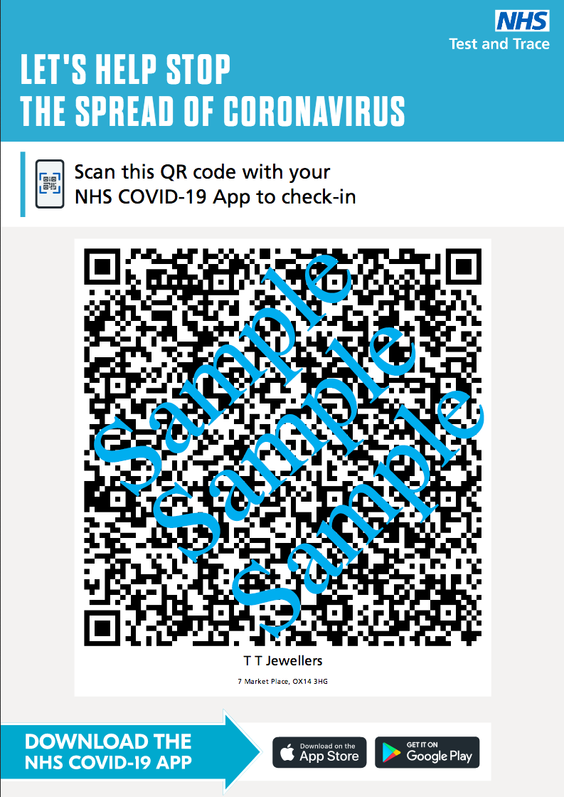 TTJewellers's tweet photo. NHS COVID-19 Test and Trace

To assist with the government's latest effort in contact tracing, we kindly ask that all visitors to our store, who have the NHS COVID-19 app installed on their compatible phones, to please scan the QR Code at the front door when they arrive. https://t.co/mdTCBvMfYs