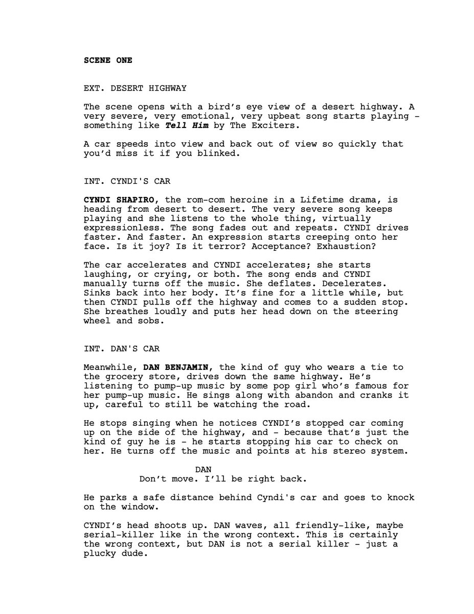 sarahjaeleiber's tweet photo. i wanted to introduce myself to #screenwriting #PreWGA twitter today by being very late to the #FirstPageChallenge!
this is from my pilot, "Hearts and Bones" - a romantic dramedy about one and one-half wandering jews learning how to *really* take care of their mental health. β¨ https://t.co/shAag6l6ko