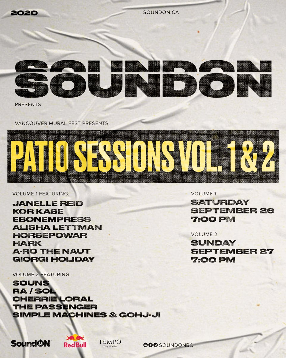 soundonbc's tweet photo. SATURDAY &amp; SUNDAY @ 7PM 🔥⁠⠀
@vanmuralfest Presents: Patio Session Vol 1 &amp; 2!⁠
⠀
SUNDAY @ 6PM 🔥⁠⠀
@safeandsoundent &amp; @footlockercanada, present Safe &amp; Sound Music Fest! ⁠⠀

SUNDAY @ 7PM ⁠⠀
@musicheals_ca presents: @bluelightsessions with @937jrcountry⁠
⁠⠀
#soundonbc https://t.co/4vN50NxdNr