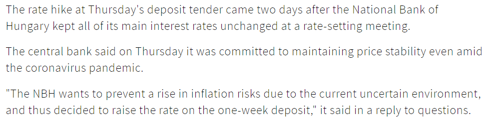 Interestingly, both Turkey and Hungary attributed the increase in rates to an effort to prevent a rise in inflation risks or inflation expectations, and thereby maintaining price stability. Turkey statement on the left, Hungary on the right: