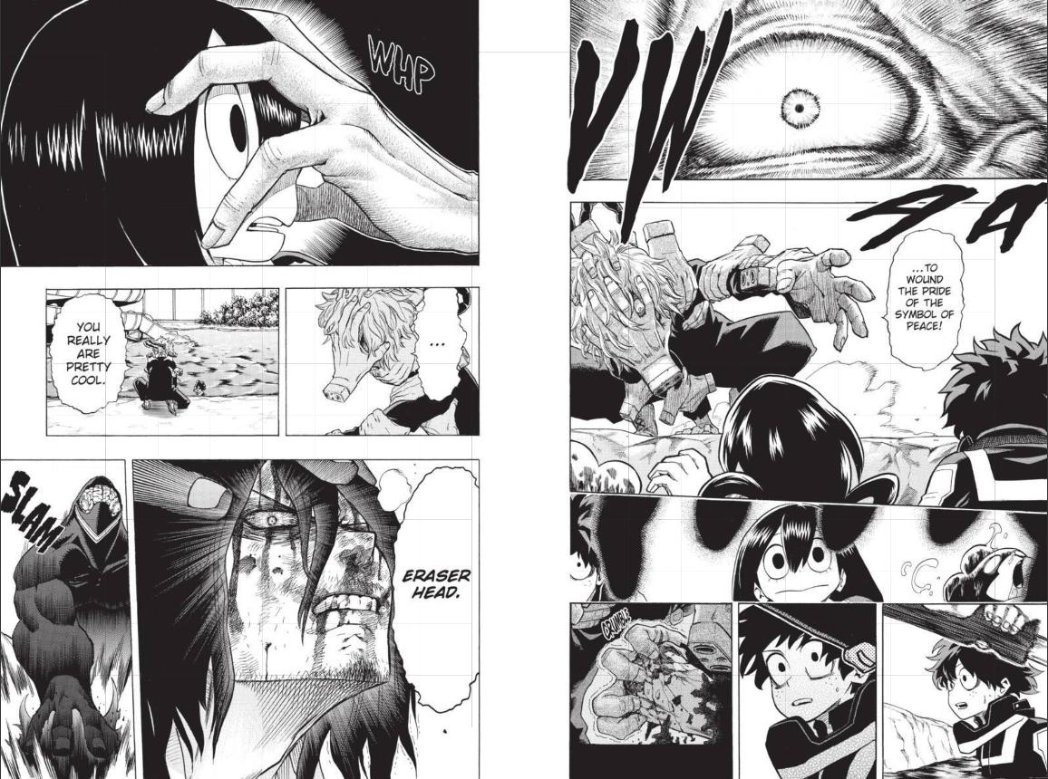 This bit from Ch. 17 in MHA is what hooked me on the series and instantly made Eraserhead a top favorite. Beyond the typical shonen kind of narratives and tropes, the one bit I'm ALWAYS a slut for is achieving what you can in the face of overwhelming defeat and man this HITS!