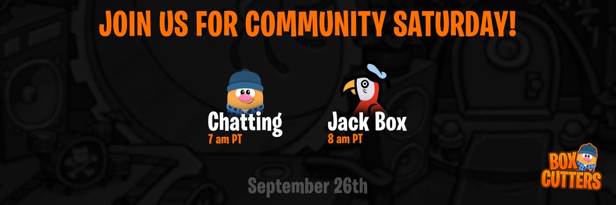 BoxCuttersBC's tweet image. Join us Saturday for our last September Community Saturday event! We'll be starting at 7 am PT with a voice chat and check in, and we'll move into Jack Box Party Games at 8 am! Last week, we played Among Us for a few hours! #BoxCuttersBC #BoxCritters

discord.gg/boxcutters