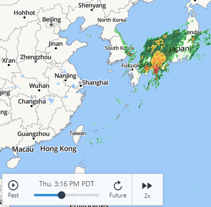 MatthewMG2's tweet photo. Radar anomaly coming out of Japan currently on Radar Watch.  A huge amount of precipitation appears from seemingly no where, then is gone.  
#Geoengineering #Terraforming #RadarAnomaly https://t.co/OyprRqqmJb