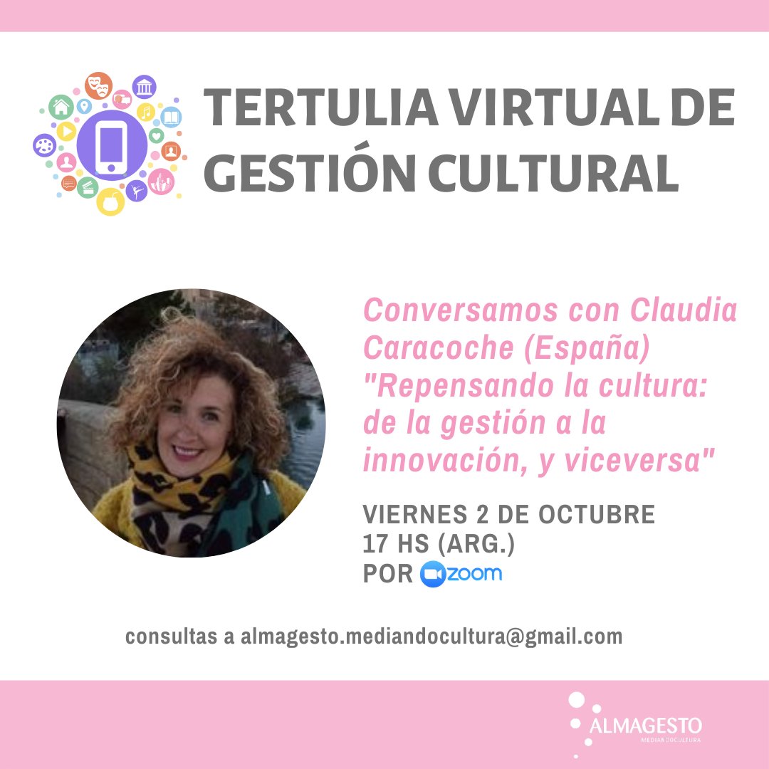 Vamos a estar hablando con Claudia Caracoche, que nos invitará a repensar la cultura. ¡Agendate!
Viernes 2/10 a las 17 por zoom. 
Inscripciones aquí 👉 forms.gle/JwDrfMUngJYQCb…