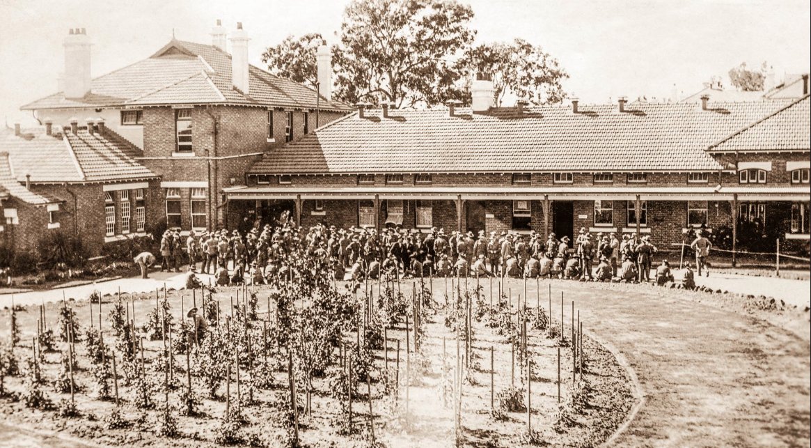 Uniformed patients outside 16th Australian General Hospital, Mont Park, March 14, 1919 https://www.flickr.com/photos/25816694@N08/26373362614It was a very substantial facility the 16th. Could accommodate 800 patients.