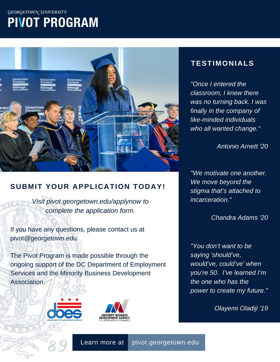 Pivot_Program's tweet photo. Tomorrow is the last day to apply for the Georgetown #PivotProgram! Apply today to join our third cohort of #PivotFellows. Visit https://t.co/F6UzGFpS4o to complete the application form.

#PivotProgram #ReimaginingReentry #WorkforceReentry @msbgu https://t.co/9tsSAyb8fz