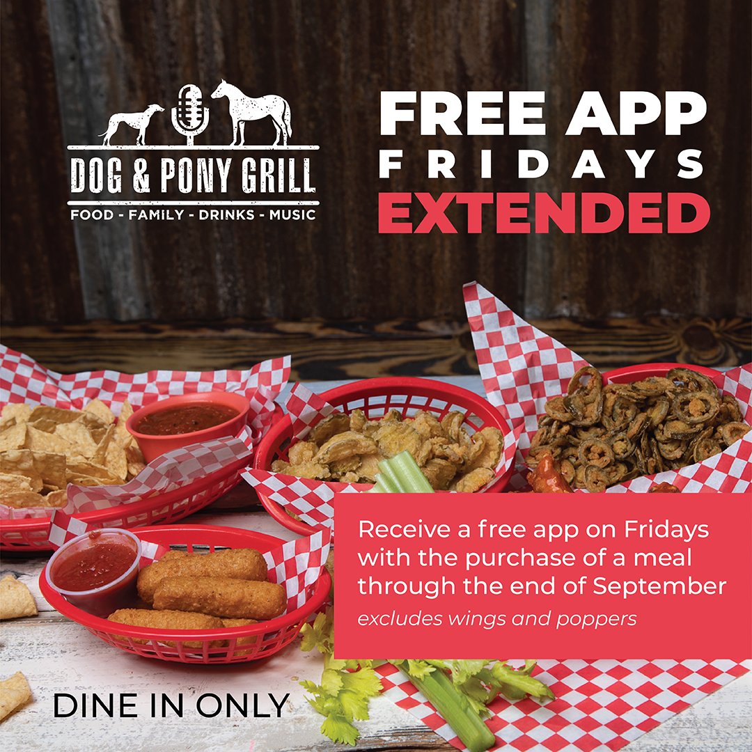 dogandponygrill's tweet photo. #FreeAppFridays end tomorrow! When you order a meal on a Friday, you'll be able to get an #appetizer #free! This deal is limited to one appetizer per group and for dine-in customers only. #SupportLocal #BoerneStrong https://t.co/rTYUyzRvsJ