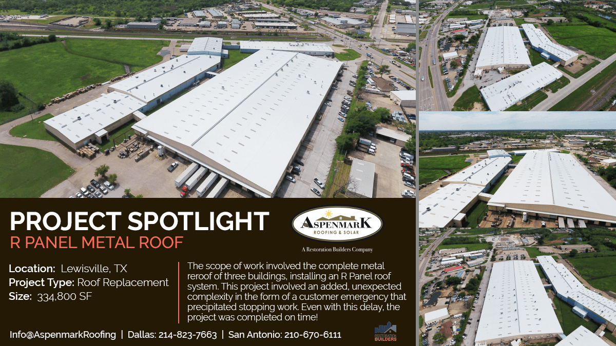 Aspenmark's tweet photo. The scope of work involved the complete metal reroof of 3 buildings, installing an R Panel roof system. This project involved unexpected complexity in the form of a customer emergency that precipitated stopping work. Even with this delay, the project was completed on time! https://t.co/4uyfc4MQS3