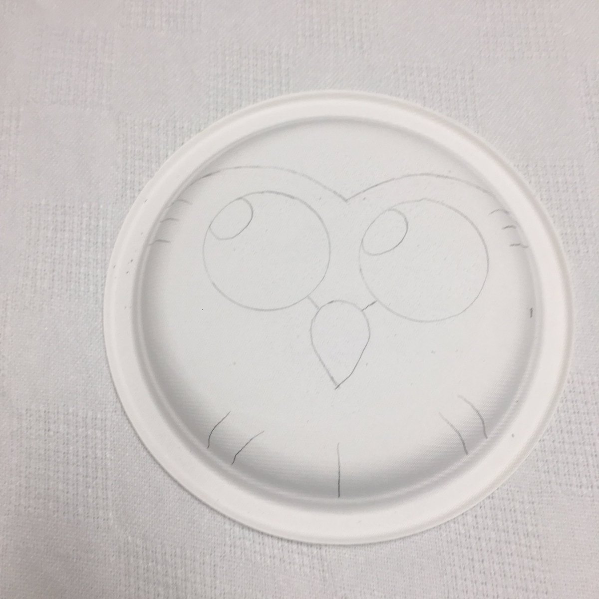 Next, drew on the Hooty basics in pencil. The eyes on this one are a tad big. I used the base of a styrofoam cup to draw the circles, and it was a bigger cup than the original one I had used. No matter! It’ll all be painted over, but this way it’s like a color by number! XD
