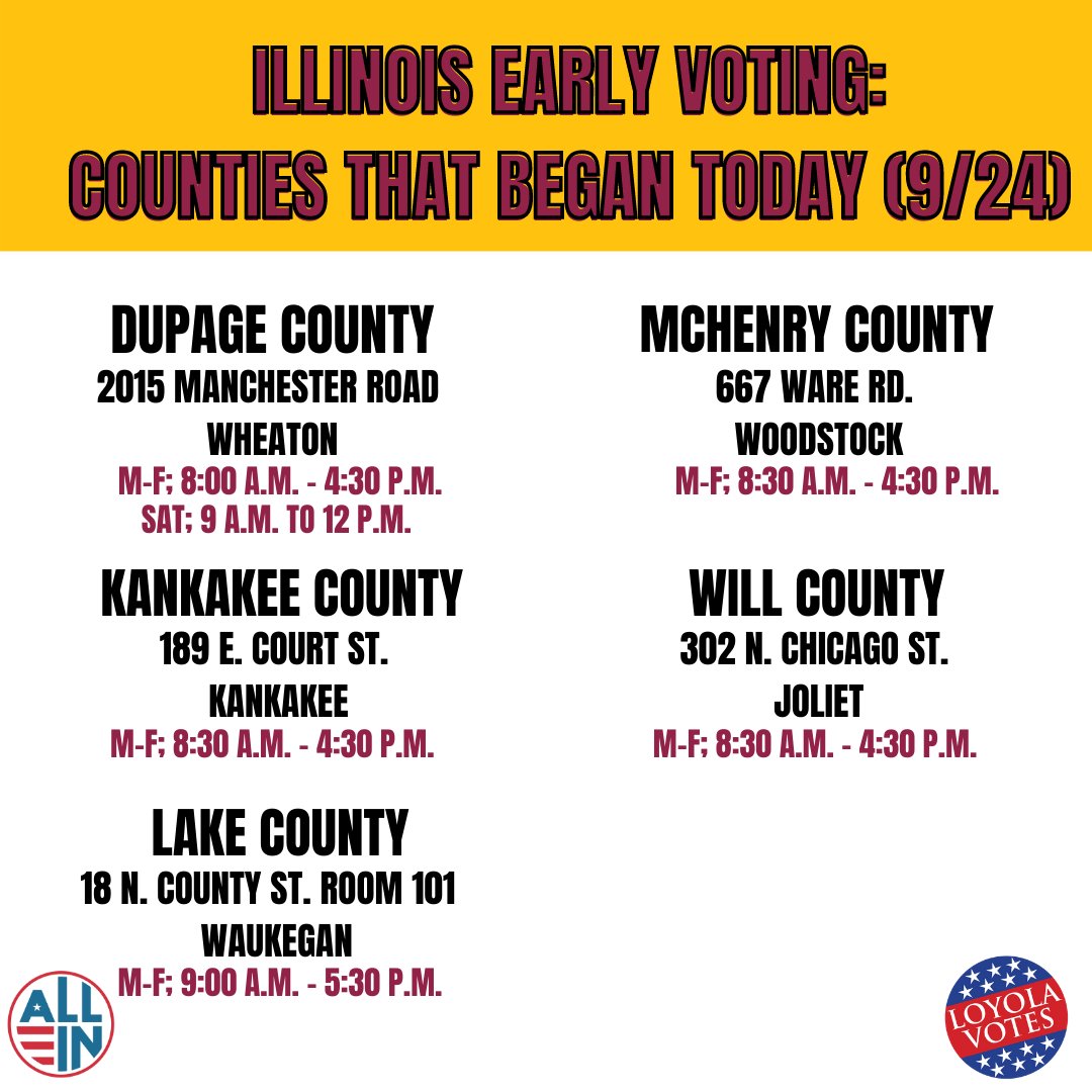LUCCivicEngage's tweet photo. Early voting has already begun in a few IL counties: Dupage, Kankakee, Lake, McHenry &amp; Will! https://t.co/vroReKCukZ