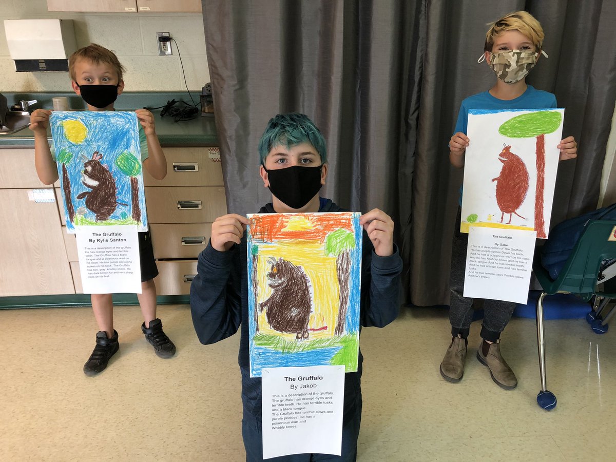 What rockstars! We have been focusing on descriptive writing using exciting adjectives for my favourite book #TheGruffalo. Each of these legends achieved their individual writing goals and their artwork is awesome! #soproud @BirchviewDunes @SCDSBLiteracy