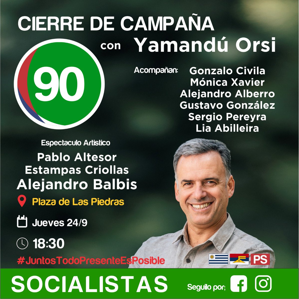 PS90Canelones's tweet photo. Vení con tu bandera, tapaboca y ganas de celebrar  juntos el trabajo y esfuerzo hecho desde siempre!!!!
#CanelonesConTodo
@OrsiYamandu @gonzacivila @SPereyra646
@Alejand60247915 
@Socialistas90 @jsu90ps @pando_jsu @EsMonicaFA @Frente_Amplio  @jsu90ps @MultiplicarL @LatastonesJsu https://t.co/ynS44kkFwH