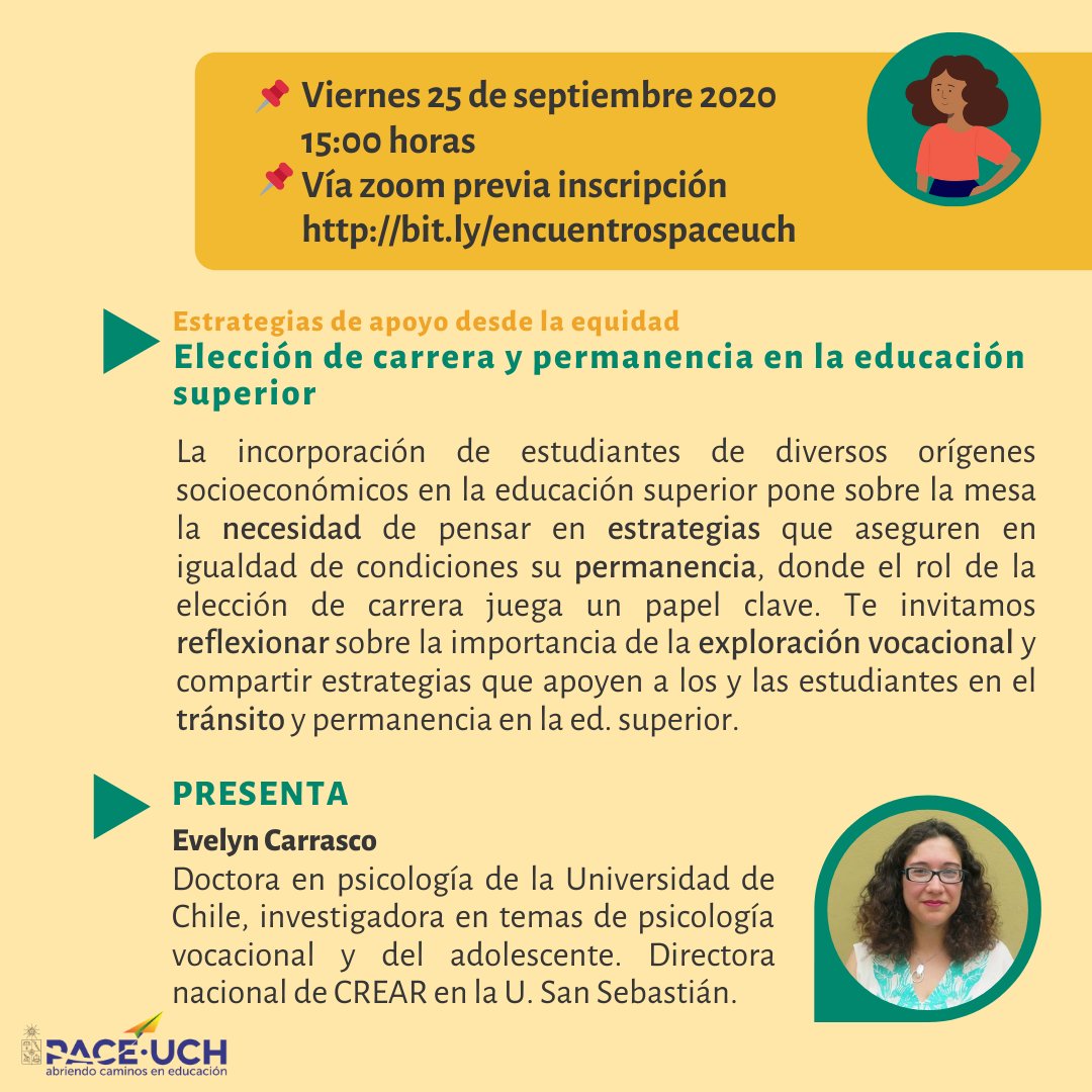 INDEP_DAEM's tweet photo. [#CapacitaciónDocente] Este viernes 25/sept en #EncuentrosVirtuales de programa #PaceUCH, se abordará la elección de carrera y permanencia en #EducaciónSuperior con Evelyn Carrasco #Gratis. Interesaos inscribirse en https://t.co/SziYVB4gl5 @Duranbaronti @Muni_Indep @ColegioProfes https://t.co/cGSZZZ4dC0