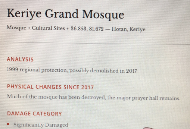 The very first place I looked for was the Keriya Aitika Mosque - they claim it was mostly destroyed, but it was renovated in 2018 and is now significantly in better shape (article has screenshots)  https://twitter.com/moghilemear13/status/1279935390514843656?s=20