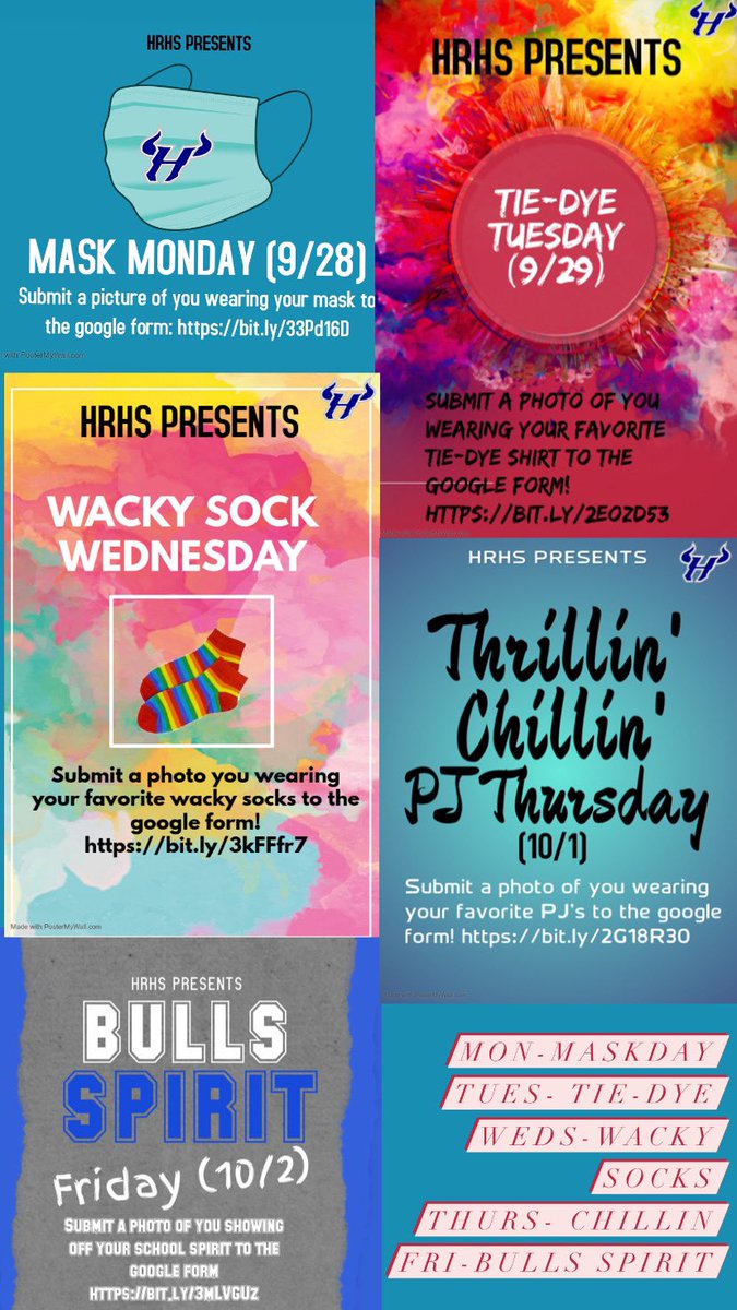 SPIRIT WEEK!!  

Monday: Mask Monday😷 
Tuesday: Tie-Dye Tuesday🌈
Wednesday: Wacky sock Wednesday 🧦
Thursday: Thrillin’ Chillin’ Thursday (Pajama day) 💤 
Friday: BULLS SPIRIT 🐮🤘