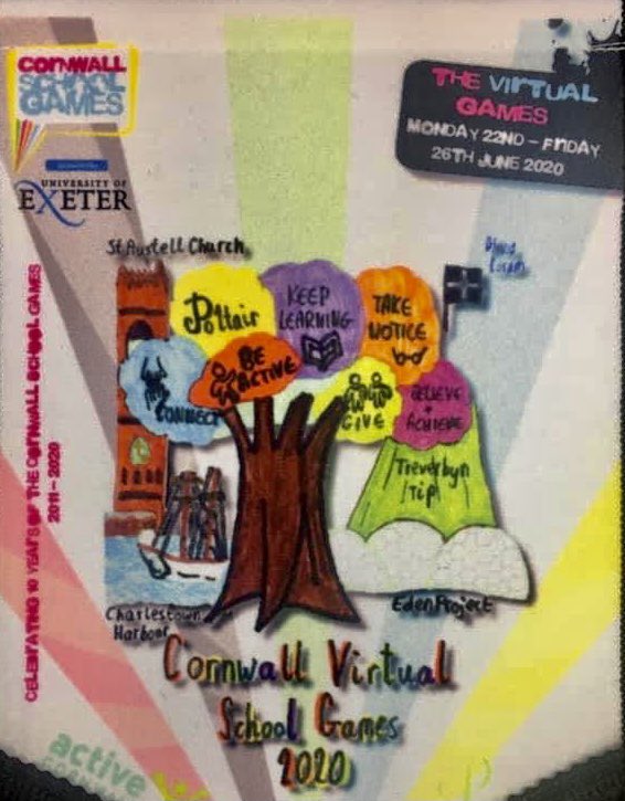 We awarded Olivia with her winning pennant design for the #CornwallVSG2020! The pennant which has been awarded to the Cornish Schools that took part in the Virtual Games, is a reminder of the 5 ways of wellbeing and includes amazing sketches of some iconic St Austell locations.