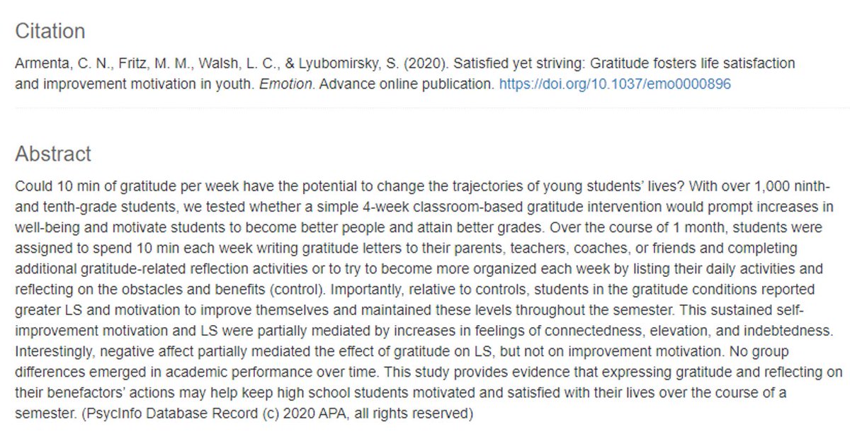 HarvardCenterHH's tweet photo. New research from Drs. @MeganMFritz, Center seminar speaker @slyubomirsky &amp; colleagues shows that a 4-week classroom-based #gratitude intervention led to increased self-reported life satisfaction &amp; self-improvement motivation in 9th &amp; 10th grade students. https://t.co/MiVEK1kYPX https://t.co/JNNffuIfFc