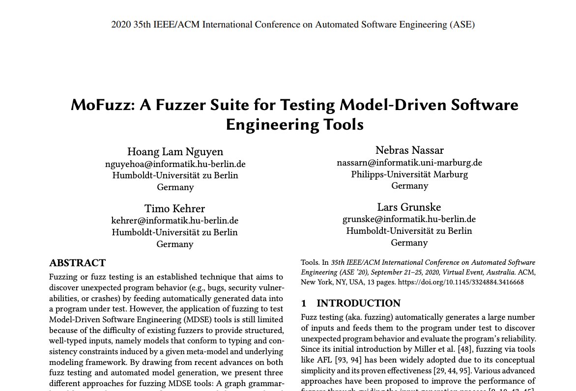 moarbugs's tweet photo. Came across some interesting work at @ASE_conf that builds on #JQF to test MDSE tools. MoFuzz generates random well-formed graphs (with respect to a meta-model) in the Eclipse Modeling Framework.
https://t.co/dcWYdKqOzJ https://t.co/fMg3yIEbBE
