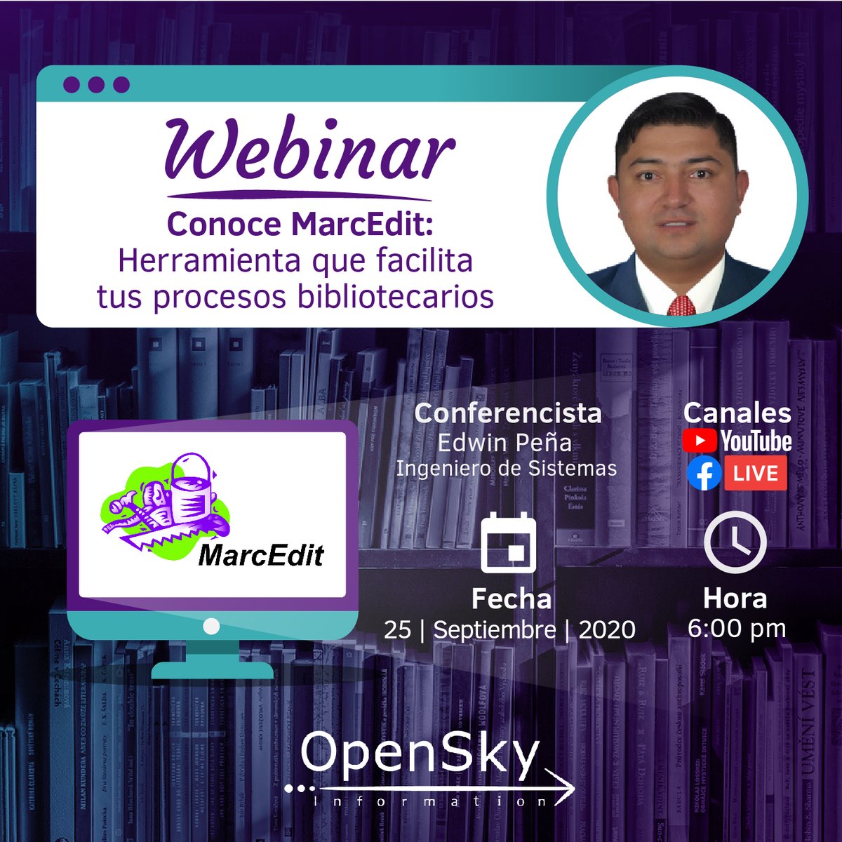 OpenSkyInfo's tweet photo. 😱¡Reprogramamos nuestro webinar sobre MarcEdit!🤩
Recuerda que el próximo viernes 25 de septiembre 📅, estas invitad@ a nuestro #WebinarTaller #Gratuito enfocado en el área de la bibliotecología 📚: “Conoce #MarcEdit: herramienta que facilita tus procesos #bibliotecarios” https://t.co/A2w2xT6Gwe