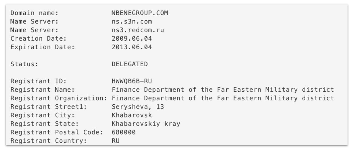 That may be true. An earlier takedown of Russian military assets included links to a website called nbenegroup[.]com, which posed as a student geopolitical analysis group. This was its domain registration. Awkward.