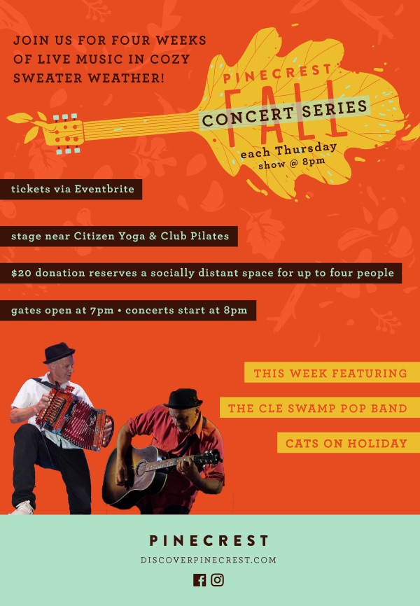 AC__Cleveland's tweet photo. This evening, be sure to check out the fall concert series at Pinecrest! This week featuring Cats on Holiday, a Cleveland based Swamp Pop band. Gates open at 7 PM, music starts at 8 PM 🕒 https://t.co/y2pe7EpJSG