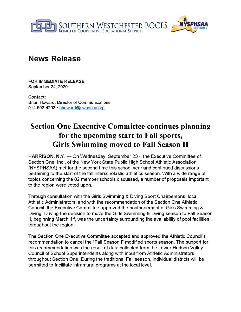 Below is a brief recap of Tuesday's Section 1 Executive Committee meeting. Most notably, Girls Swimming & Diving has been moved to Fall Season II. https://t.co/Z7O3lnkgI9