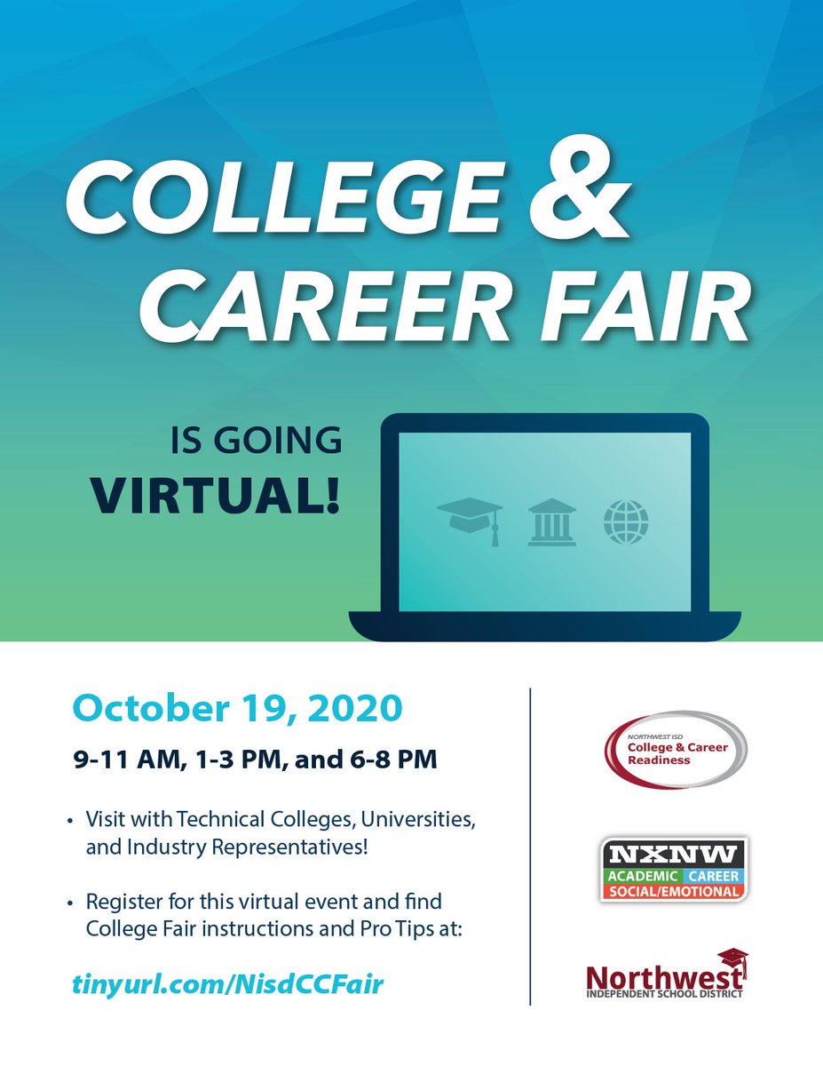 NISD_CCReady's tweet photo. The Virtual College and Career Fair is still a few weeks away, but you can set up your account, visit some schools, and practice navigating the site now.  On our fair day, you can talk with college reps.  Pro Tip: Make a list of schools you are interested in before the fair. https://t.co/zbvLX5XmRZ