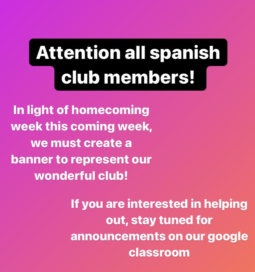 HighMuskego's tweet photo. Homecoming week is a wonderful time of the school year! To help represent our club and show some spirit, join in on the creation of our spanish club banner. This will allow for lots of creativity and fun. Check google classroom for further updates! https://t.co/Bh4c5cQmKi