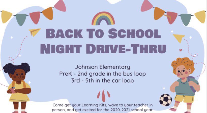 CMJohnson_Elem's tweet photo. Come join us for Back-to-School Night Drive-Thru to get your learning packets and learning kits for virtual instruction!! @HenricoSchools @HenricoElem #johnsoncanvirtuallydoanything #dedicatedfromadistance https://t.co/q9fTAVPYsR