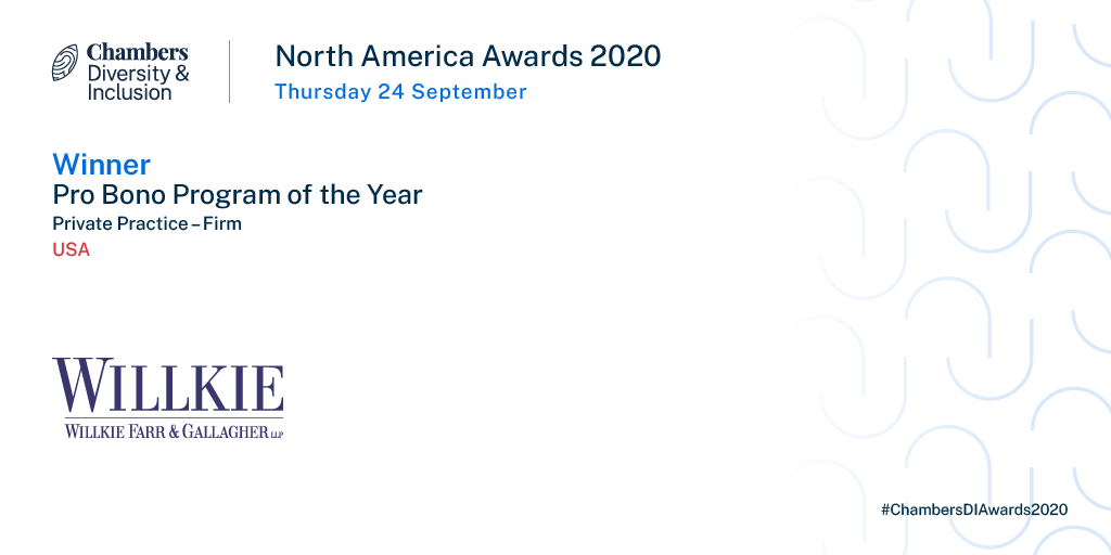 ChambersGuides's tweet image. The winner of Pro Bono Program of the Year – Private Practice Firm is @WillkieFarr A fantastic way to celebrate the amazing program your firm offers. Congratulations to you all.  #awardwinners #probonoprogram #awardwinningprobono #chambersdiawards2020