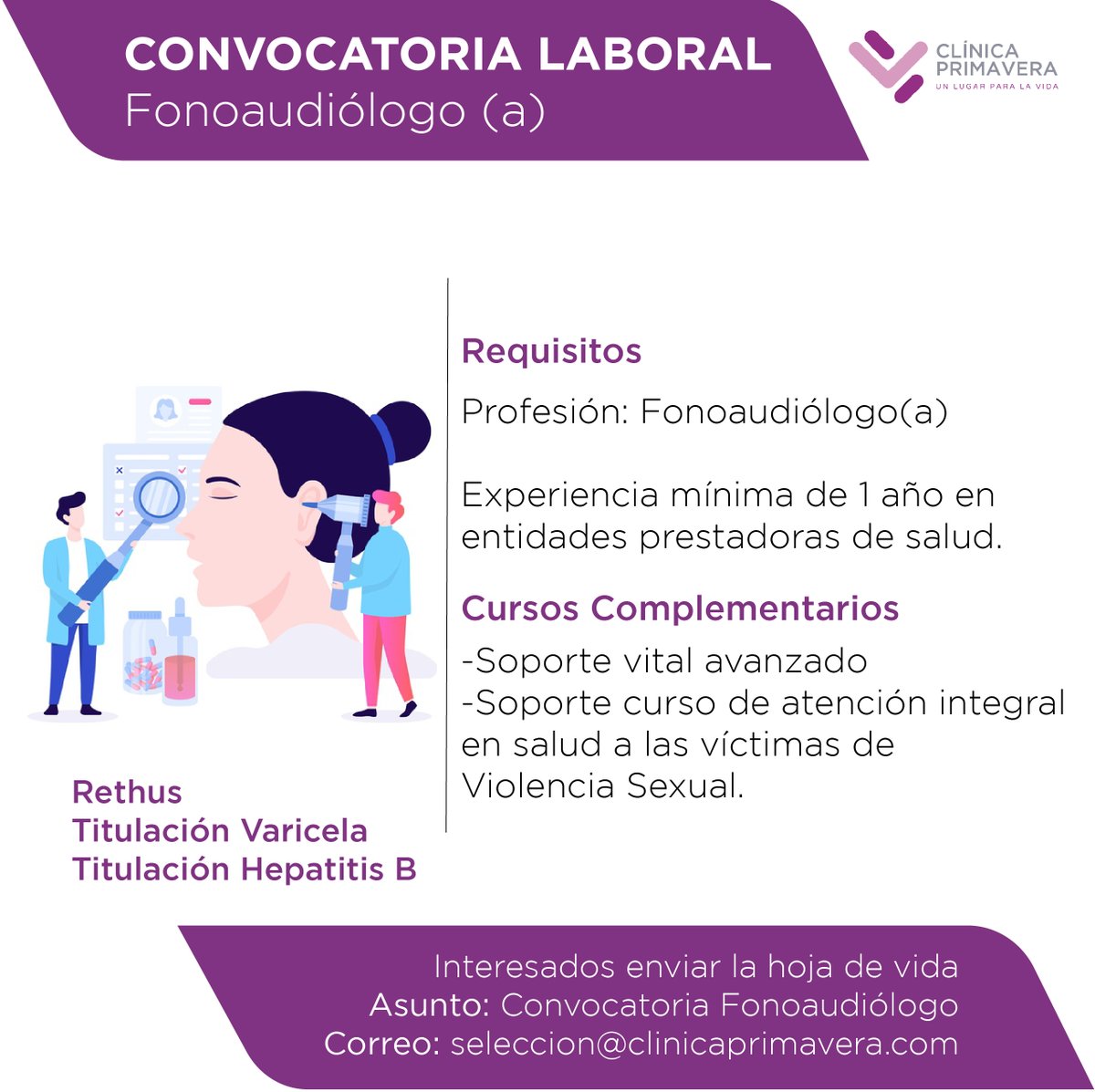 ¿Quieres ser parte de nuestro equipo de trabajo Clínica Primavera?
¡Postúlate!
Envíanos tu hoja de vida al correo: seleccion@clinicaprimavera.com
#Clinicaprimavera #Auxiliarenfermeria #Jefeenfermeria #Medicogeneral #radiologo #Villavicencio #Meta #Unlugarparalavida #ofertalaboral