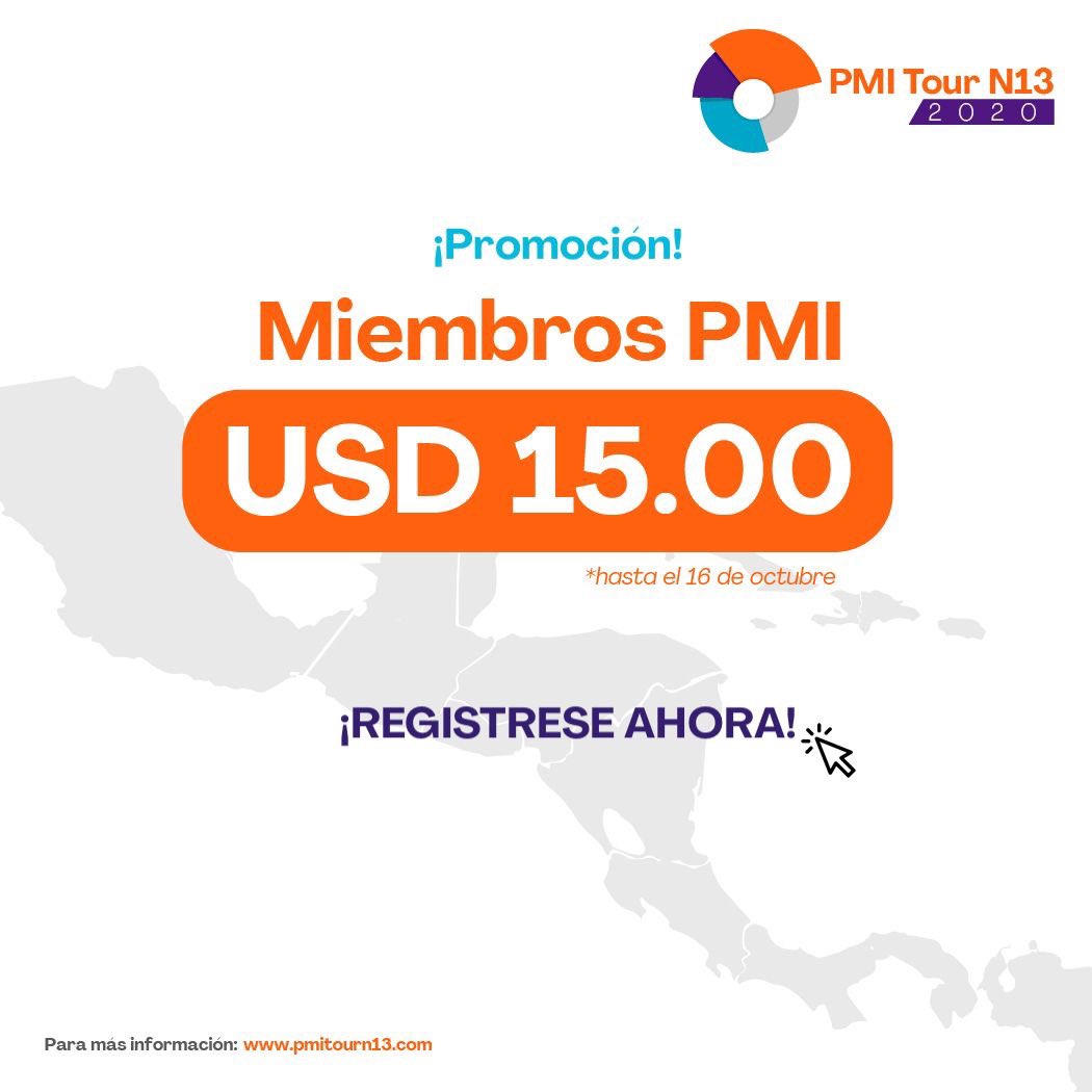 Congreso Virtual de Dirección de Proyectos: “PMI TOUR N13” 2020, el próximo 13 y 14 de Noviembre 2020.

Regístrese anticipadamente antes del 30 de Septiembre y reciba un precio especial de sólo $15 (precio normal $30). Visite el sitio web pmitourn13.com