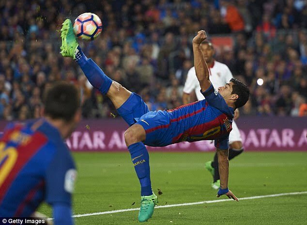 Suarez vs SevillaA deflected cross from Messi fell behind him but he improvised and bicycle kicked it in.
