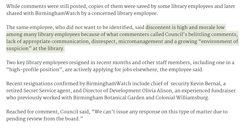 12. "Discontent is high and morale low among many employees because of what commenters called Council's belittling comments, lack of appropriate communication, disrespect, micromanagement and a growing 'environment of suspicion.'"  @BhamWatch:  https://buff.ly/342EamK 