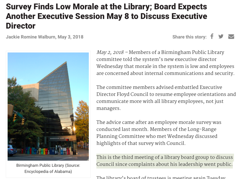 14.  @BhamWatch: 5/3/18 "Survey Finds Low Morale at the Library; Board Expects Another Executive Session May 8 to Discuss Executive Director"  https://buff.ly/3j35ZRX It's clear the BPL board knows staff is having problems with Council.