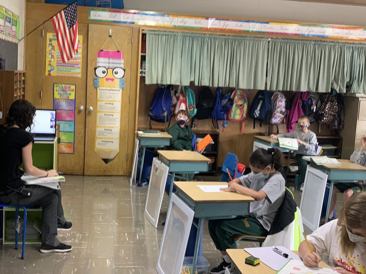 SMSSchool3510's tweet photo. Oh what fun we have at SMS! Mrs. Kanai takes temps and chases away the pesky turkeys, 3rd grade works on math at home and in school and Kindergarten rocks out today! #smsfriends #rcda @NYSCatholicConf @EvangelistALB @RCDASupt @CathSchoolNews @WTEN @SienaCollege @RCDASchools https://t.co/m9zX5ruglC