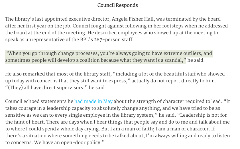 19. Council referred to those speaking up as "extreme outliers." He said he's willing to listen to concerns and has an open-door policy, but also pointed out staff doesn't report directly to him but to their direct supervisors.