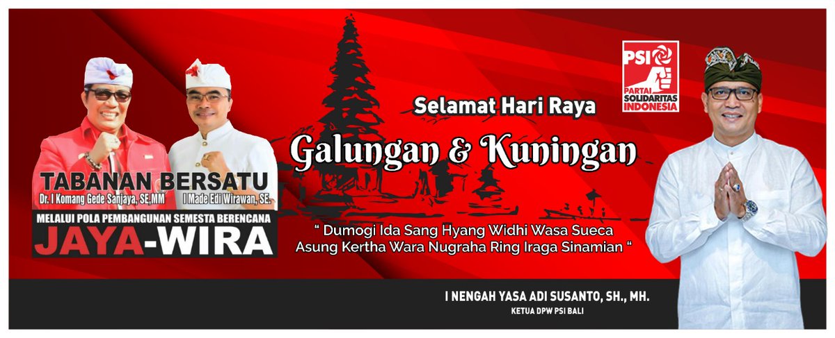 PSI_Tabanan's tweet photo. Bersama JAYA-WIRA PSI Tabanan Ber SATU membangun Tabanan lebih baik.
.
Menang! Menang! Menang!
.
Lan Rahajaeng Nyanggra Rahina Kuningan. Dumogi state Rahayu sareng Sami.
.
#PersatuanAdalahSolidaritas
#PSI
#PartaiSolidaritasIndonesia
#PSIBali
#PSITabanan
#BerSATU
#SolidBergerak https://t.co/DiY4PTpjgp