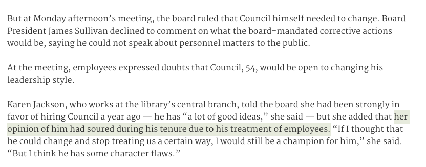22. More staff members spoke out again against Council: "There& #39;s a lot of brokenness and mistrust." "We deserve to work in a non-hostile work environment, like we have been having to deal for the last year under our director."