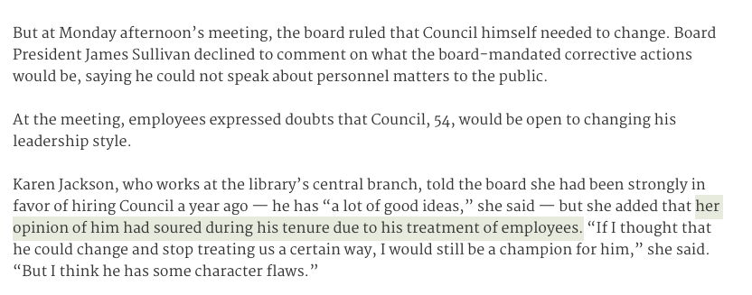 22. More staff members spoke out again against Council: "There's a lot of brokenness and mistrust." "We deserve to work in a non-hostile work environment, like we have been having to deal for the last year under our director."