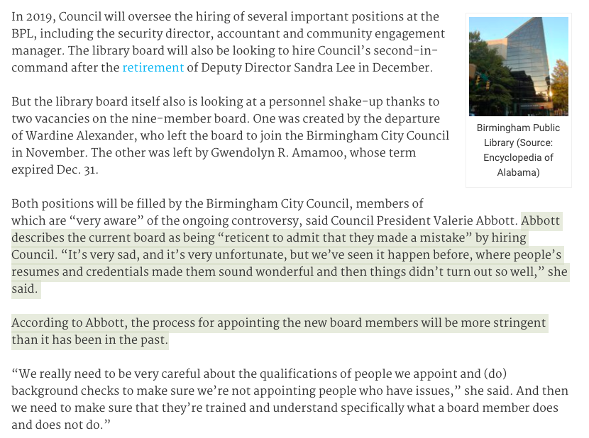 23. In 2019, Birmingham city council president Valerie Abbott discusses a serious problem at the BPL board:  https://buff.ly/2RY8lG0&q...