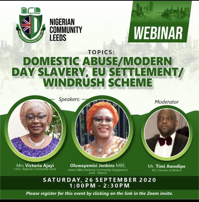 yemisijl28's tweet photo. You are invited to the Nigerian Community Leeds Zoom webinar.  Sep 26, 2020 01:00 PM London   Register in advance for this meeting: https://t.co/wFUDToe5ca   and you will receive a confirmation email about joining instructions https://t.co/Jxf85GJcX8