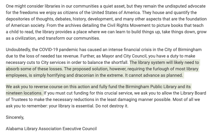 29. So much for letting the city council and the mayor know how the patrons feel about the proposed cuts to the Birmingham Public Library.The Alabama Library Association  @allibassoc calls the cuts "simply horrifying and draconian in the extreme."  https://buff.ly/366lipd 