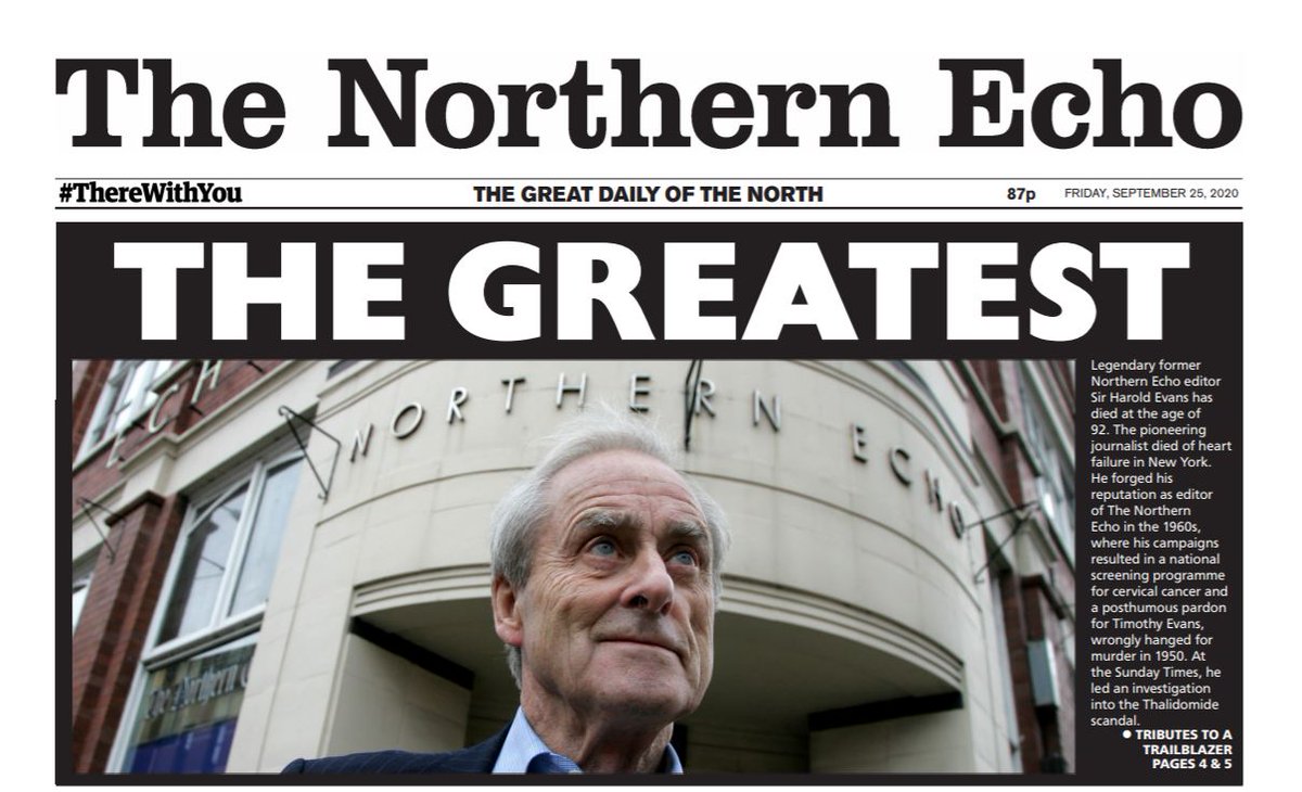 Tomorrow's @TheNorthernEcho front page tribute to Sir Harold Evans - the greatest indeed https://t.co/gEukVFBodI