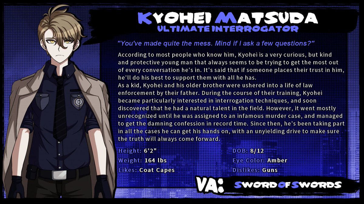 drstolenhope's tweet photo. Danganronpa Stolen Hope- Character profiles #1
-Kyohei Matsuda🕵️
-Ryuko Oguki🤺
-Amaro Devlin🍀
-Tsubaki Kuroda❓
#danganronpa #fanganronpa https://t.co/N9tjc9rZm8