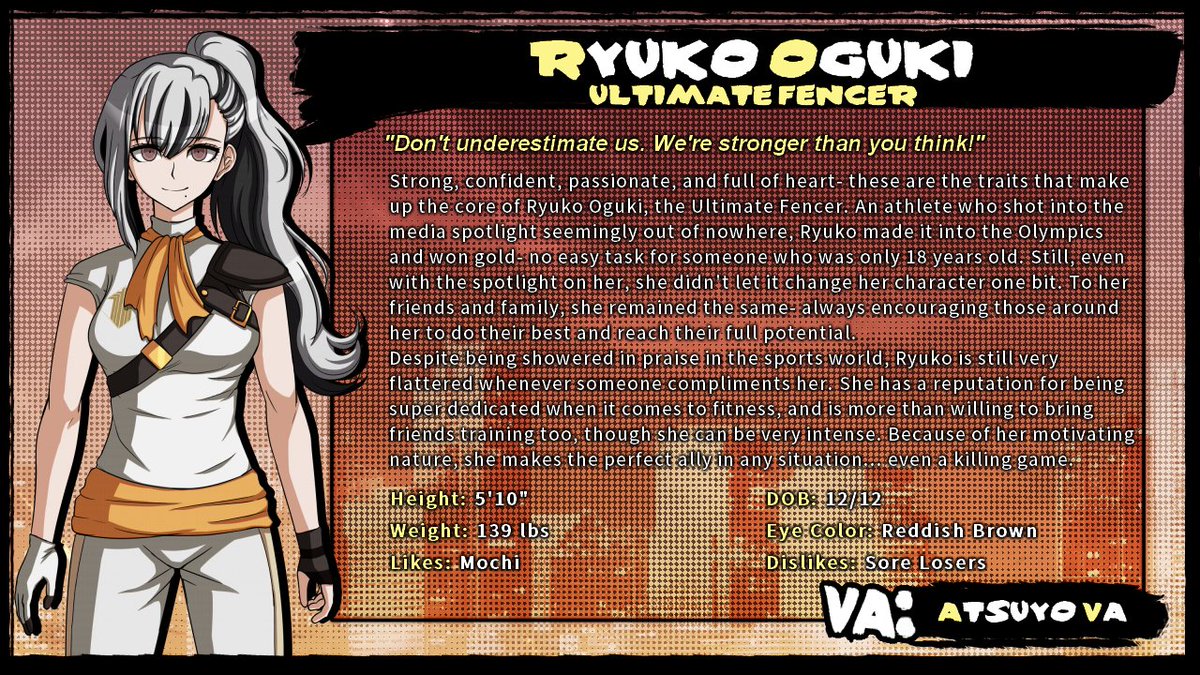 drstolenhope's tweet photo. Danganronpa Stolen Hope- Character profiles #1
-Kyohei Matsuda🕵️
-Ryuko Oguki🤺
-Amaro Devlin🍀
-Tsubaki Kuroda❓
#danganronpa #fanganronpa https://t.co/N9tjc9rZm8