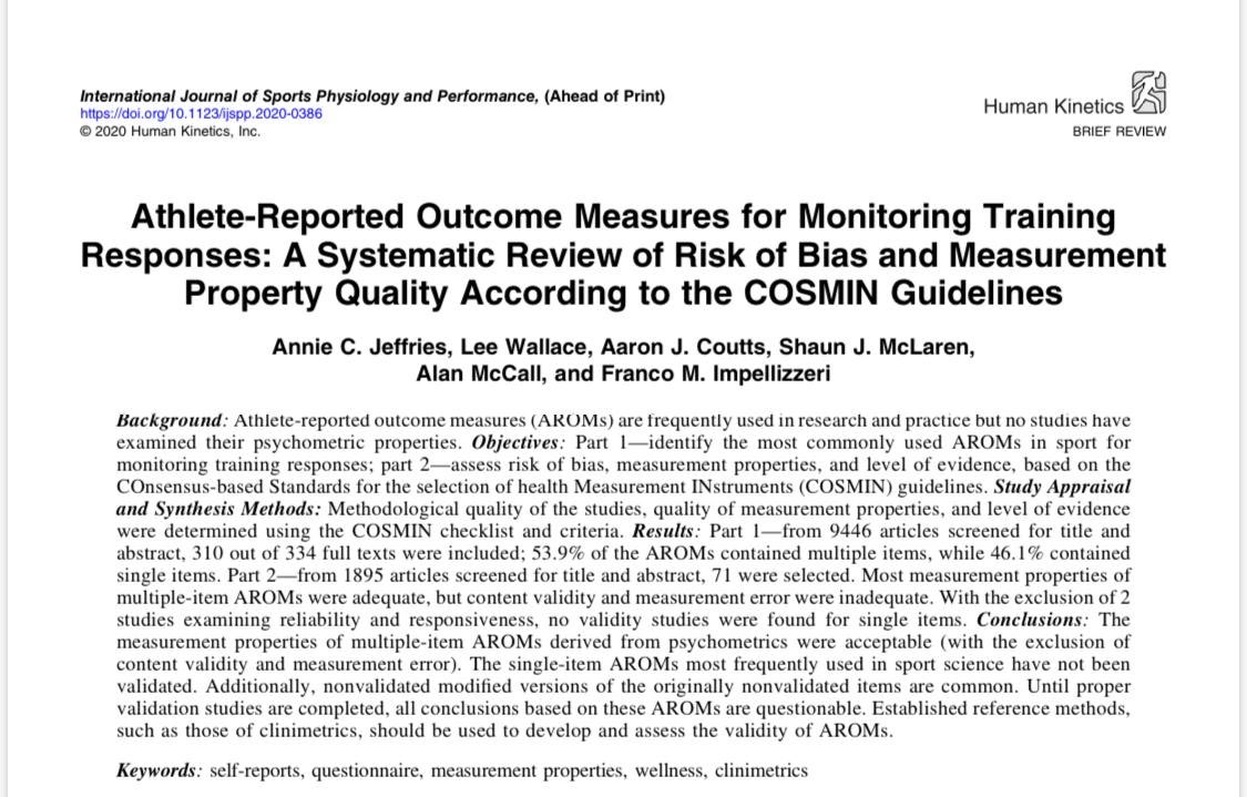 Delighted our review paper on measurement properties and risk of bias of Athlete Reported Outcome Measures is now published in <a href="/IJSPPjournal/">Int'l Journal of Sports Physiology and Performance</a>                                     👇for link                                     doi.org/10.1123/ijspp.…