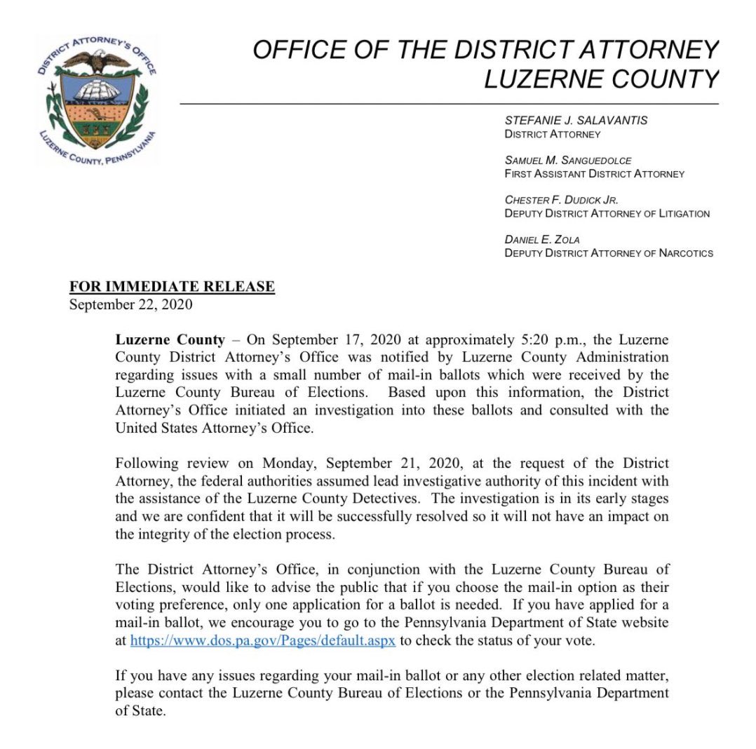 A somewhat less bizarre statement from the county district attorney says “the investigation is in its early stages and we are confident that it will be successfully resolved so it will not have an impact on the integrity of the election process.” via  @Tierney_Megan