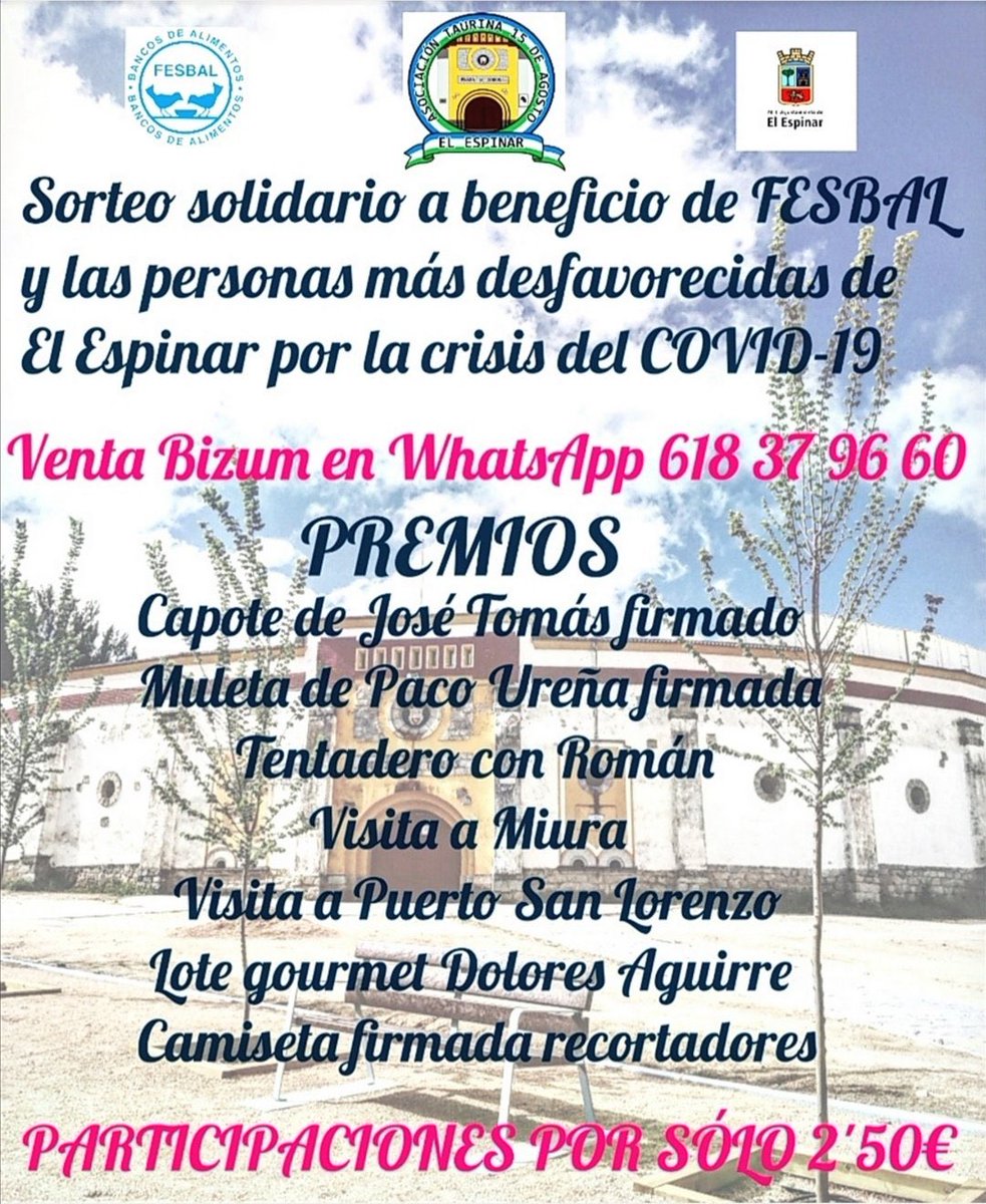 Belmezanito's tweet photo. Vamos todos a darle un empujón a este sorteo de @15agostoespinar para esas víctimas de El Espinar por este maldito #COVID19 que todos estamos sufriendo... El mundo de la tauromaquia siempre solidario!! @isma_diez https://t.co/r8TciPkcJE