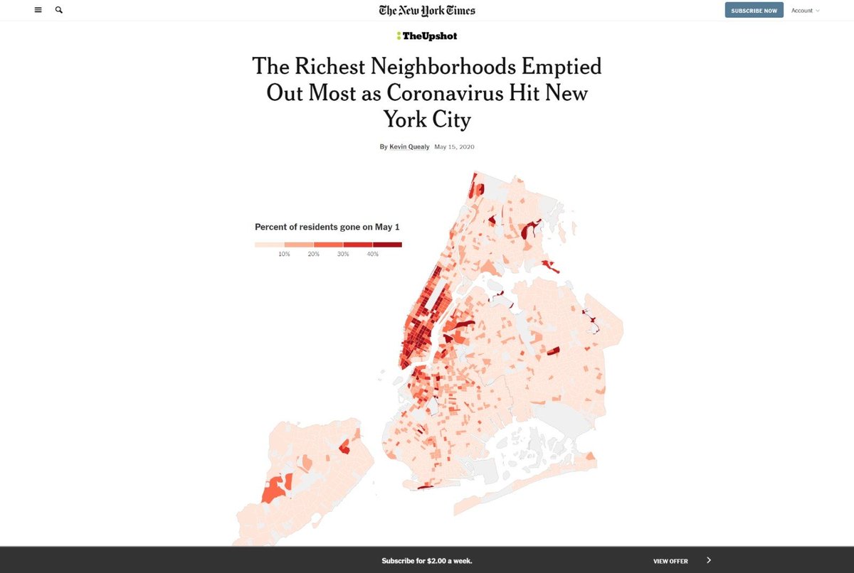 this is old data from may 15th, but i had not seen it.it's absolutely stunning.apparently, 5% of NYC, 420k people, fled from 3/1 to 5/1.but it was highly concentrated. manhattan basically emptied.40%+ of some neighborhoods left.